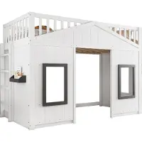 Youjia Etagenbett, Hausbett, mit Treppe, mit Fallschutz und Gitter, Kinderbett mit Fenster, Frei gestaltetes Unterbett, Rahmen aus Kiefer,