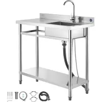 SucceBuy Edelstahlspültisch mit Becken (100 x 50 x 94 cm), inklusive Wasserhahn und Ablage, Küchenspüle für Garage, Restaurant oder Wäscherei, Außenspüle mit linksseitiger Arbeitsfläche