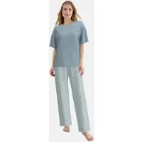 Tom Tailor Pyjama , Damen, Gr. 46, blau, mittel, streifen, Single Jersey, Obermaterial: 95% Baumwolle, 5% Elasthan, bequem, Rundhals, Homewear-Sets Pyjama, atmungsaktiv, Viskosemix