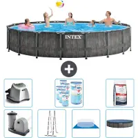 Intex Round Prism Frame Greywood-Schwimmbecken – 549 x 122 cm – inklusive Pumpe – Leiter – Bodenplane – Abdeckung Salzwassersystem - Filter - Poolsalz