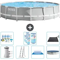 Intex Round Prism Frame Swimming Pool – 457 x 107 cm – Grau – inklusive Pumpe – Leiter – Bodenplane – Abdeckung Wartungspaket - Filter - Solarmatte