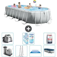 Intex Oval Prism Frame Swimmingpool – 610 x 305 x 122 cm – Grau – inklusive Pumpe – Leiter – Bodenplane – Abdeckung Salzwassersystem - Filter - Poolsalz