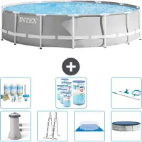 Intex Round Prism Frame Swimming Pool – 427 x 107 cm – Grau – inklusive Pumpe – Leiter – Bodenplane – Abdeckung Wartungspaket - Filter - Reinigungskit