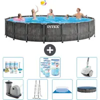 Intex Round Prism Frame Greywood-Schwimmbecken – 549 x 122 cm – inklusive Pumpe – Leiter – Bodenplane – Abdeckung Wartungspaket - Filter - Staubsauger