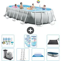 Intex Oval Prism Frame Swimmingpool – 503 x 274 x 122 cm – Grau – inklusive Pumpe – Leiter – Bodenplane – Abdeckung Wartungspaket - Filter - Solarmatte