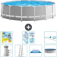 Intex Round Prism Frame Swimming Pool – 457 x 122 cm – Grau – inklusive Pumpe – Leiter – Bodenplane – Abdeckung Wartungspaket - Filter - Reinigungskit