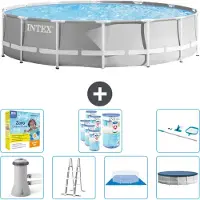 Intex Round Prism Frame Swimming Pool – 427 x 107 cm – Grau – inklusive Pumpe – Leiter – Bodenplane – Abdeckung Wartungspaket - Filter - Reinigungskit