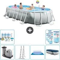Intex Oval Prism Frame Swimmingpool – 503 x 274 x 122 cm – Grau – inklusive Pumpe – Leiter – Bodenplane – Abdeckung Wartungspaket - Filter