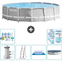 Intex Round Prism Frame Swimming Pool – 427 x 107 cm – Grau – inklusive Pumpe – Leiter – Bodenplane – Abdeckung Wartungspaket - Filter