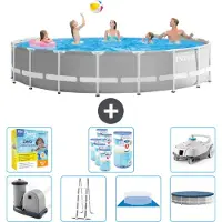 Intex Round Prism Frame Swimming Pool – 548 x 122 cm – Grau – inklusive Pumpe – Leiter – Bodenplane – Abdeckung Wartungspaket - Filter - Staubsauger