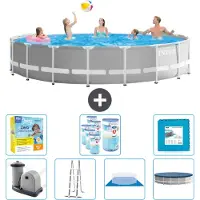 Intex Round Prism Frame Swimming Pool – 548 x 122 cm – Grau – inklusive Pumpe – Leiter – Bodenplane – Abdeckung Wartungspaket - Filter - Bodenfliesen