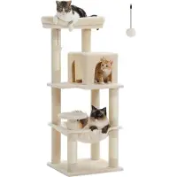 Merkloos Road Kratzbaum mit Metall-Plüsch-Hängematte, Katzenturm für erwachsene Katzen mit 2-türigem Katzenhaus, 6-stöckigem Katzenregal mit Kratzbäumen und großer Sitzstange oben, Beige, 116 cm