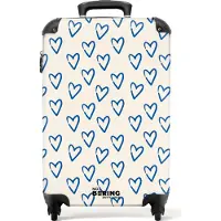 NoBoringSuitcases.com Hartschalen Handgepäck Koffer 55x35x20 cm, 36L, Bunte Drucke für Frauen: Weiß mit blauem Herzmuster, Reisekoffer mit 4 Rollen