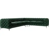 S-Style Möbel - Chesterfield Ecksofa Cleo mit Silber Metall Füßen aus Flasche Grün Samtstoff, Ottomane rechts, B/T/H: 323 cm/ 264 cm/ 75 cm