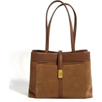 Tollzwood Damen Shopper aus Echtwildleder – Elegante Schultertasche in Braun mit Glattleder-Besatz & Gold-Verschluss – Große Handtasche für Business & Alltag