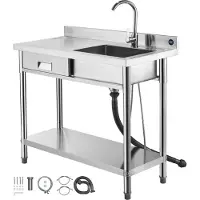 SucceBuy Spültisch aus Edelstahl (100 x 50 x 94 cm), Einzelbecken mit Wasserhahn und Schublade, Küchenspüle für Garage, Restaurant oder Wäscherei, Außenspüle mit Arbeitsfläche auf der linken Seite