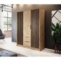 Goldstoff Kleiderschrank Artisan 155Cm Schrank, Garderobe mit Schubladen, 3-türig Kleiderschrank, Garderobenschrank ohne Spiegel ( Eiche artisan)