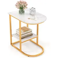 Costway 2 Ebenen Couchtisch Holz mit Marmoroptik, Beistelltisch mit Metallbeinen, Kaffeetische modern, kompakt, für Wohnzimmer und Schlafzimmer, 60 x 40 x 60cm