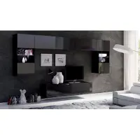 EURO-MEBLE Wohnwand CALABRINI-2 Wohnzimmer-Set Hängewohnwand Schrankwand mit LED-Beleuchtung TV-Schrank Vitrine Moderne Anbauwand Hochglanz (Schwarz Hochglanz)