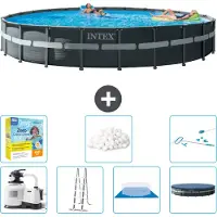 Intex Round Ultra XTR Frame Swimming Pool – 732 x 132 cm – inklusive Pumpe – Leiter – Bodenplane – Abdeckung Wartungspaket - Filterbälle - Reinigungskit