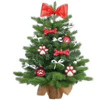 LAALU Künstlicher Weihnachtsbaum 60 cm mit LED-Beleuchtung, HUNDEFREUDE, mit 14 Weihnachtsbaumschmuck, Pflanztopf mit Jutesack