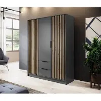 Lookway Dreitüriger Kleiderschrank NELA mit Lamellen 155 cm, Graphit / Graphit + Artisan Eiche