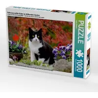 CALVENDO Schwarz-weiße Katze im blühenden Garten 1000 Teile Puzzle quer 640x480mm, Menden Katho; 7396477