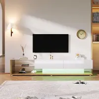 Moonbite Hochglänzender, niedriger TV-Ständer mit Glasplatte, verstellbarer LED-Beleuchtung, modernes Design in Weiß und Holz