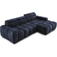 Domo Ecksofa OMBO 285x168x77/97 cm, Rechte Seite Mit Schlaffunktion, Elektrisch Ausziehbarer Sitzfläche, Verstellbaren Kopfstützen, Dunklen Buchenholzfüßen, Hydrophobem EDEN-Bezugstoff - Cemno Blau