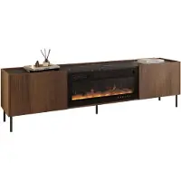 Mirjan 24 TV-Lowboard Tewos 200K mit Kamin, TV-Schrank mit zwei Drehtüren, Schwarze Metallfüße (Farbe: Nuss Warmia / Nuss Warmia + Marmor Schwarz)