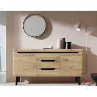Bettso Kommode Sideboard Schubladenkommode Highboard Schrank mit 2 Türen und 3 Schubladen auf hohen Holzbeinen NODIS Braun Artisan Eiche mit Schwarz