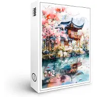 Raxxa Premium-Puzzle „Tempelanlage mit blühendem Kirschbaum, der sich im Wasser des Sees spiegelt – chinesische Tuschemalerei“, 1000 Teile