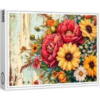 Raxxa Premium-Puzzle "Red and Yellow Garden Flowers on Wood", 1000 Teile