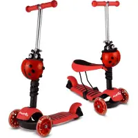 Malplay Tretroller Marienkäfer Scooter Roller mit LED-Beleuchtung, mit abnehmbarem Sitz 75 cm, Rot, Höheverstellbare Lenker, ab 3 Jahren