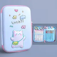 Gistuch Federmäppchen, Schrein-Box, Make-up-Tasche, Organizer, niedliches Muster, wasserdicht, für Schule, Studenten, Kinder, glückliche Katze, Hellblau