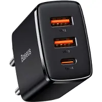 Baseus Kompakt 2U + C | Wandladegerät, Netzadapter, 2X USB-A, 1X USB-C, 30 W, Quick Charge 3.0, schwarz