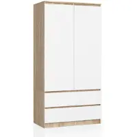 Akord Kleiderschrank S90 Sonoma-Eiche 90 cm 2 Türen 2 Schubladen 4 Ebenen Front Weiß B90 x H180 x T51 cm
