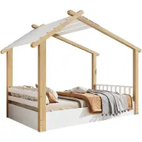 SOFTWEARY Hausbett, 90x200 cm, Kinderbett mit Lattenrost, Holzbett, Einzelbett, Kiefer