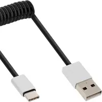 InLine USB 2.0 Spiralkabel, USB-C ST an A ST, schwarz/Alu, flexibel, 2m, 2 m, USB A, USB C, USB 2.0, Stecker/Stecker, Schwarz