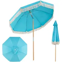 Costway Sonnenschirm Boho, φ170cm Gartenschirm mit Fransen, beidseitig um 30° knickbar, Balkonschirm aus Holz, Terrassenschirm, Marktschirm Blau