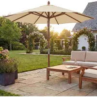 Mendler Gastronomie Holz-Sonnenschirm HWC-C57b, Gartenschirm, Polyester/Holz 14kg, rund Ø3m Seilzug stoßsicher creme