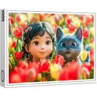 Raxxa Premium-Puzzle "Spring Fantasy Girl and Cat in Tulips", 1000 Teile