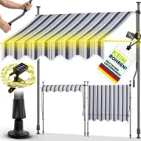Tillvex Klemmmarkise 300 cm Blau/Grau mit Solar LED mit Handkurbel Balkon | Balkonmarkise ohne Bohren | Markise UV-beständig & höhenverstellbar | Sonnenschutz wasserdicht