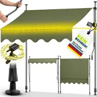 Tillvex Klemmmarkise 200 cm Armeegrün mit Solar LED mit Handkurbel Balkon | Balkonmarkise ohne Bohren | Markise UV-beständig & höhenverstellbar | Sonnenschutz wasserdicht