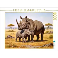 CALVENDO Puzzle Nashorn mit Jungtier als Gemälde | 1000 Teile Lege-Größe 64 × 48 cm Foto-Puzzle für glückliche Stunden