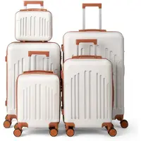 Alightup Kofferset, 5tlg. Hartschalen Reisekoffer & Trolley Set S-M-L-XL + Handtasche, 360° Rollen, Beige