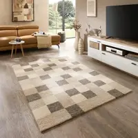 Theko Wollteppich "Origin Loop Karo", weiß, B:200cm H:10mm L:300cm, Schurwolle, Teppiche, Wollteppich, handgetuftet, reine Schurwolle, kariert