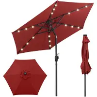 Costway Sonnenschirm 230cm mit LED-Solar-Beleuchtung, 6 Rippen & Kurbel, Gartenschirm beidseitig um 35° knickbar, Terrassenschirm Marktschirm Rot