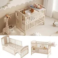 Flieks Kinderbett Babybett 60x120cm mit integriertem Wickeltisch, Nebenbett verlängerbar, Holzbett mir Rollen, 120-162x60x95 cm, Naturbelassen