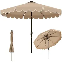 Costway Sonnenschirm 300cm mit LED-Beleuchtung, 8 Rippen, Kurbel & Volant, Gartenschirm beidseitig um 35° knickbar Terrassenschirm Marktschirm Braun